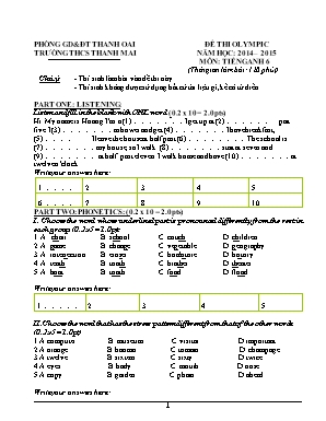 Đề thi Olympic môn Tiếng Anh Lớp 6 - Năm học 2014-2015 - Trường THCS Thanh Mai (Có đáp án)